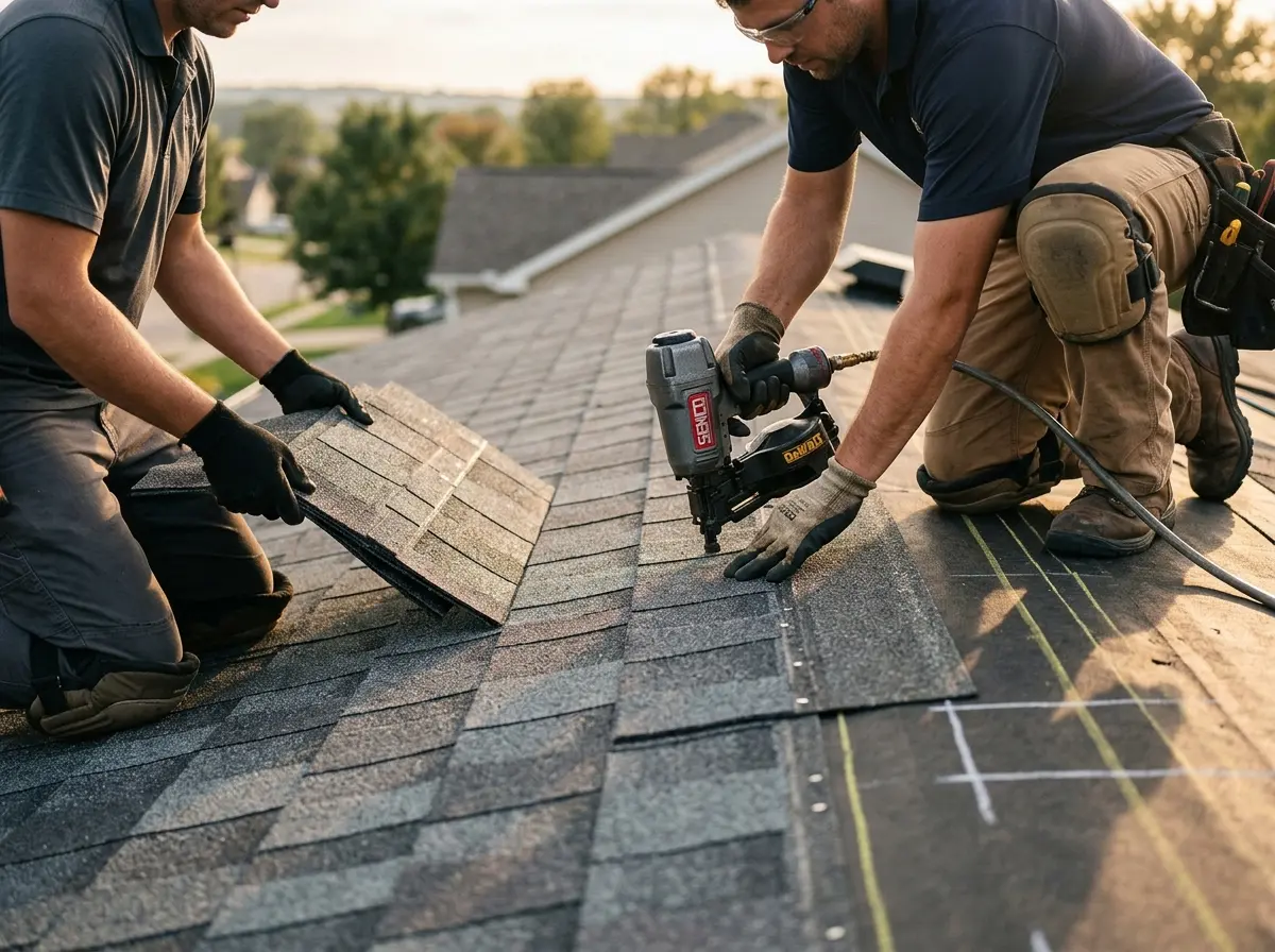 Professional roofer working on a residential roof in Stansbury Park